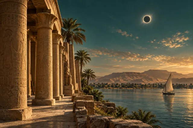Artist’s impression of a Luxor temple, felucca and solar eclipse