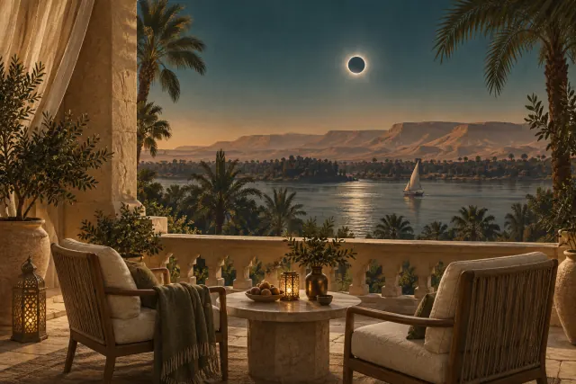 Artist’s impression of an eclipse from a shaded Nile-side terrace