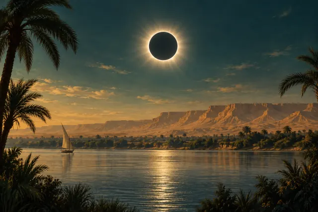 Artist’s impression of a total solar eclipse above the Nile and desert hills