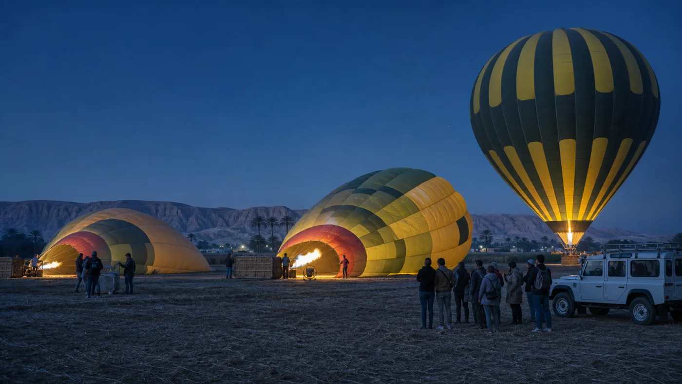 Hot air balloons being prepared at a Luxor West Bank launch field before sunrise