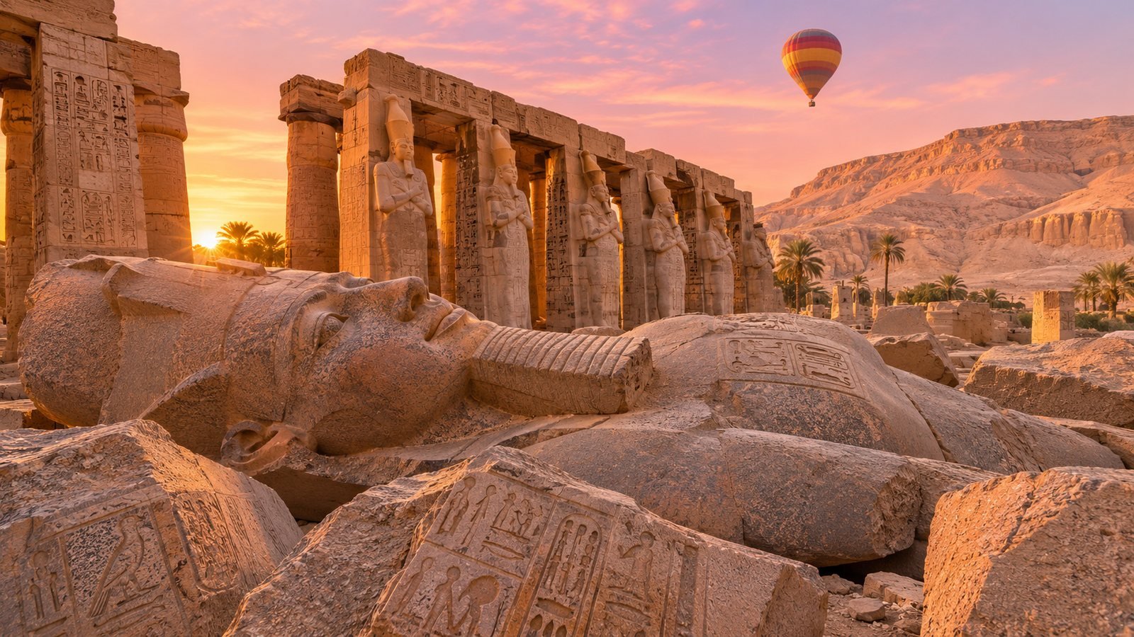 Illustration of a fallen colossal statue of Ramses II among temple columns on Luxor’s West Bank at sunrise, with a hot air balloon in the sky