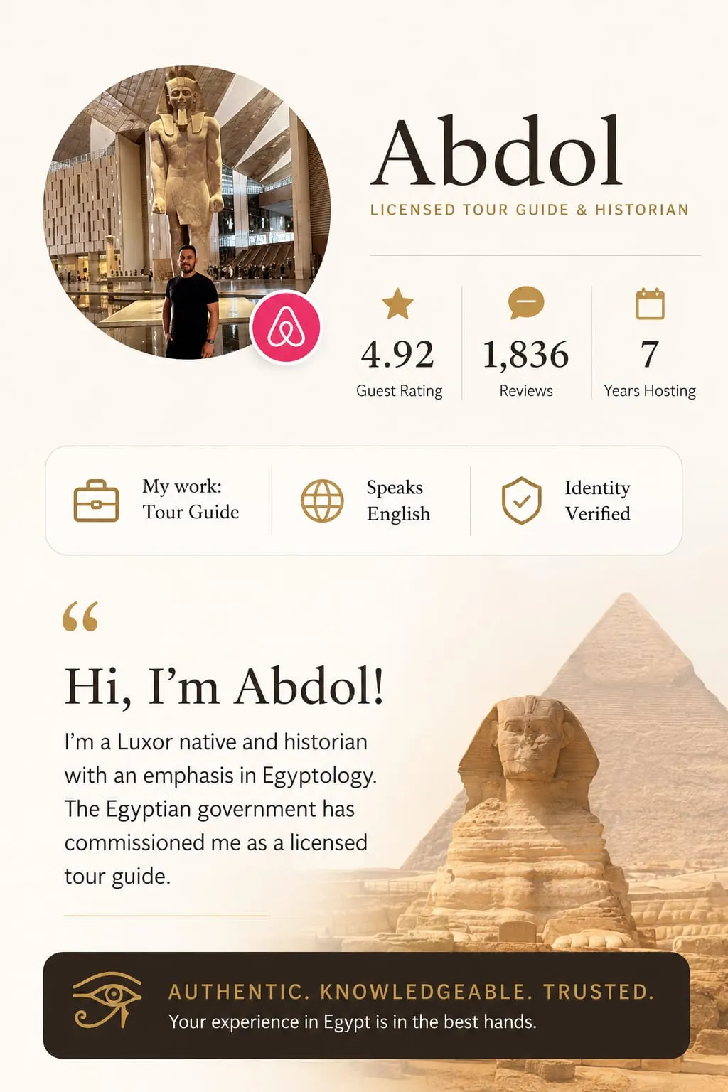 Abdol Airbnb credentials showing guest rating, reviews, years hosting, and licensed tour guide profile