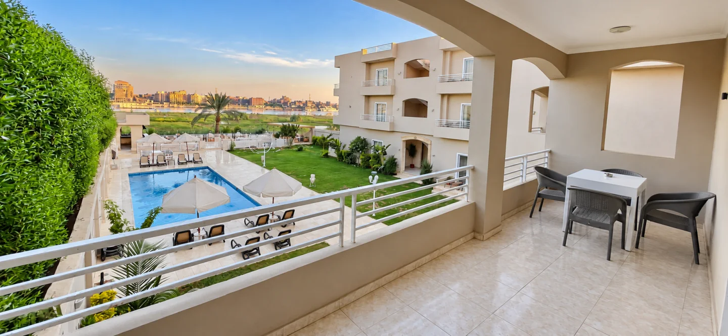Balcony overlooking the pool and Nile