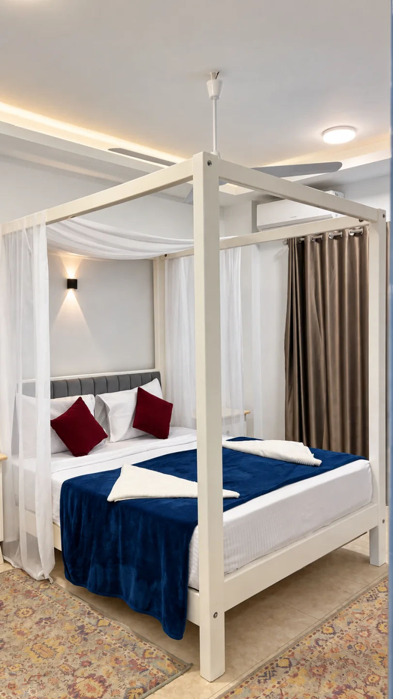 Canopy bed and soft ceiling lighting