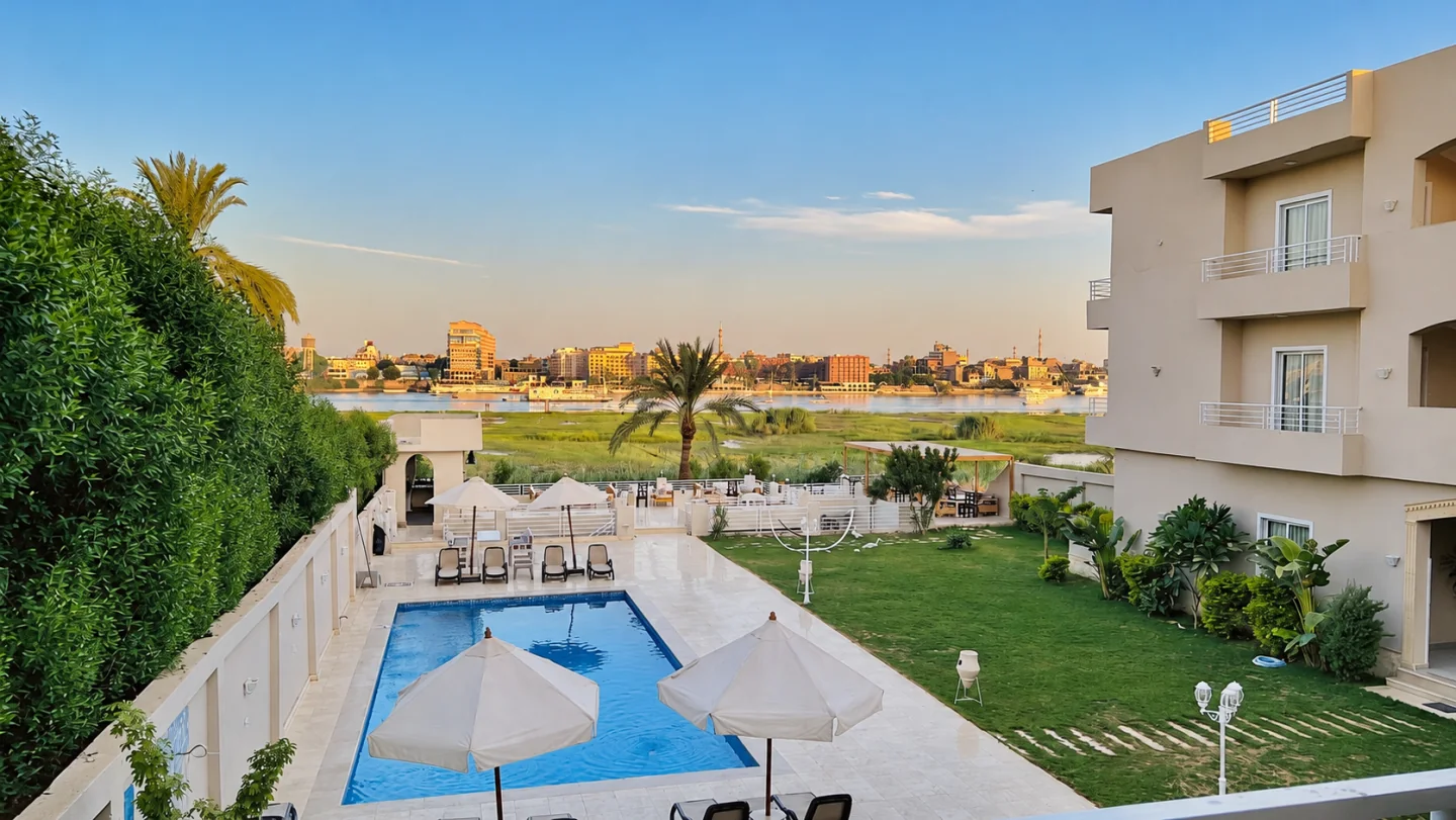 Shared pool and garden overlooking the Nile
