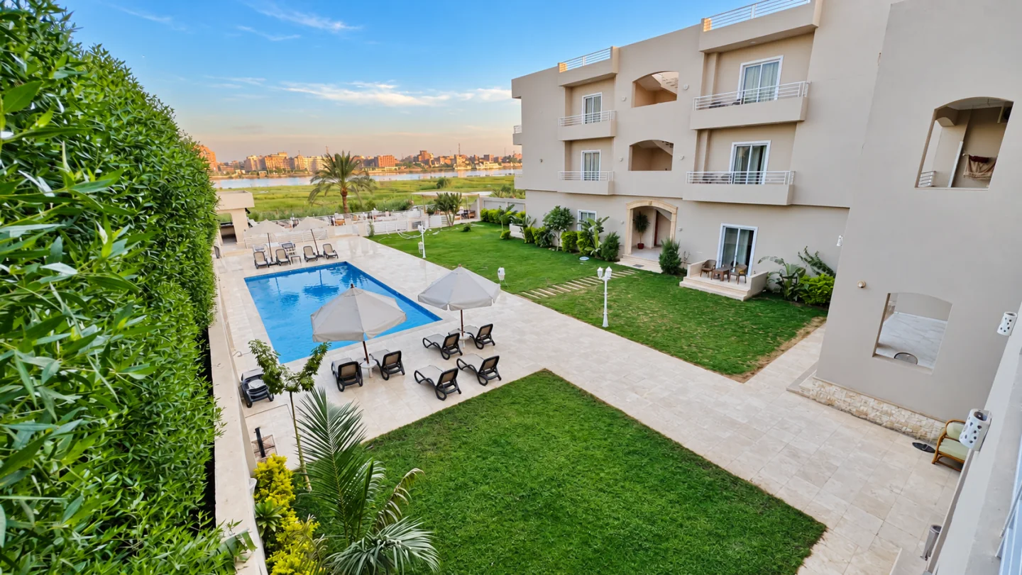 Shared pool and courtyard from the balcony