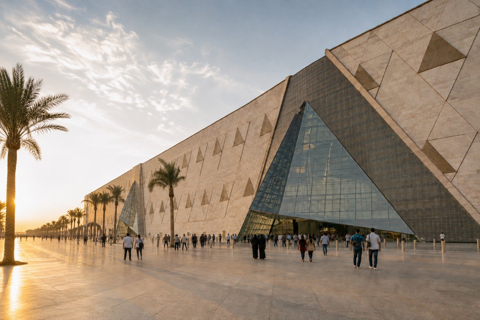 Grand Egyptian Museum exterior in warm evening light