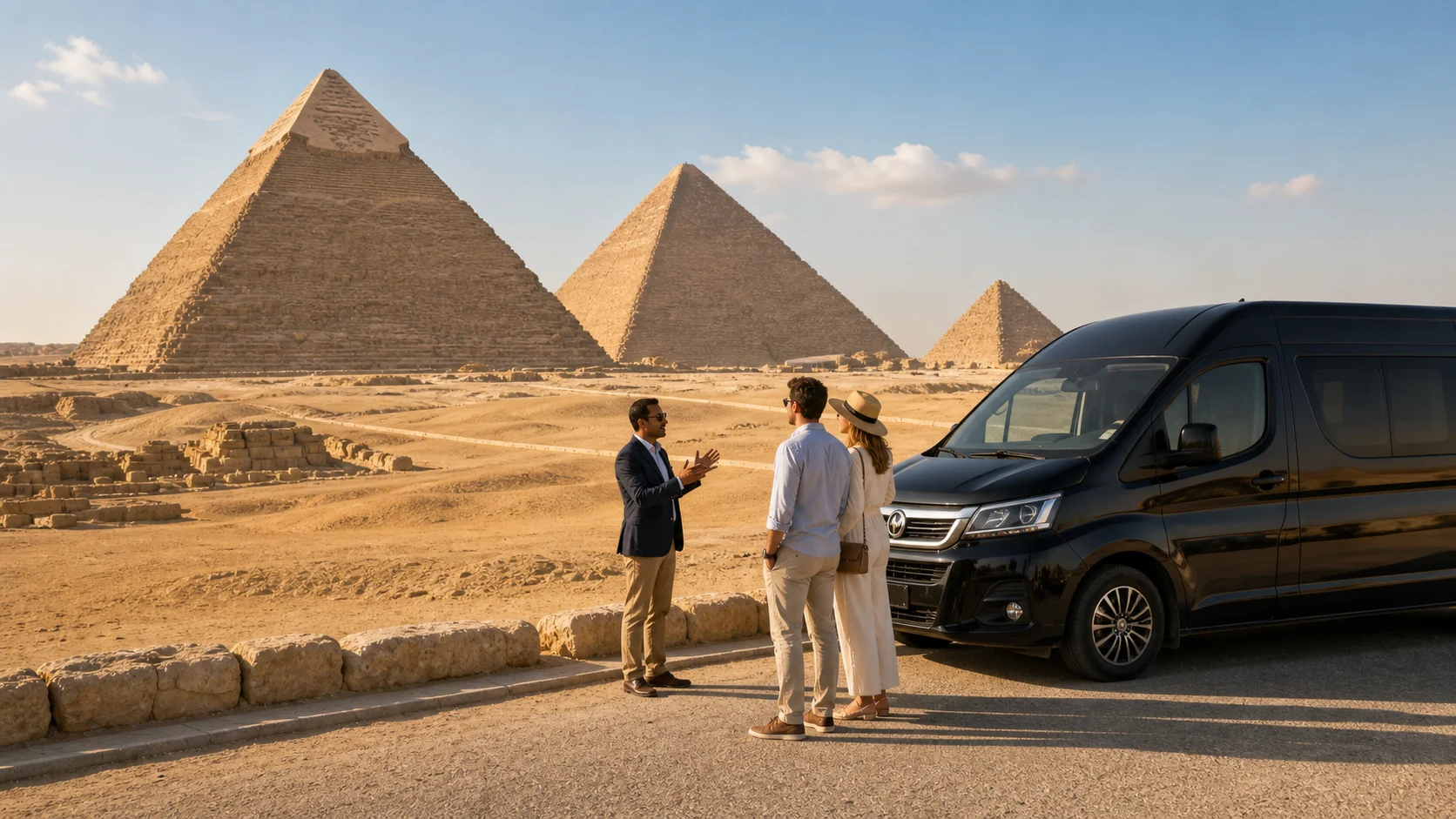 Guests arriving with their guide at the Giza Pyramids