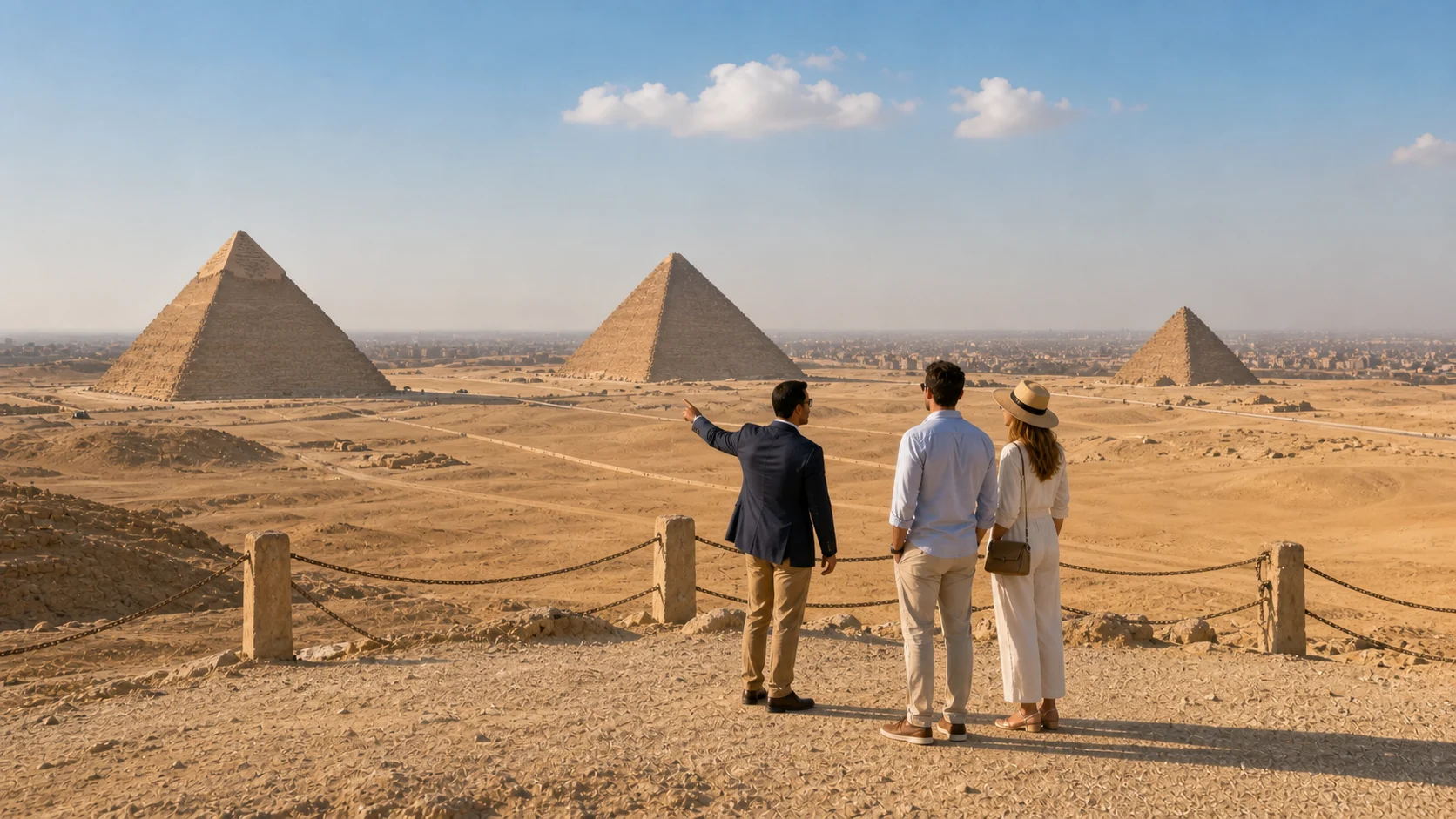 A guide and couple taking in the Giza panorama