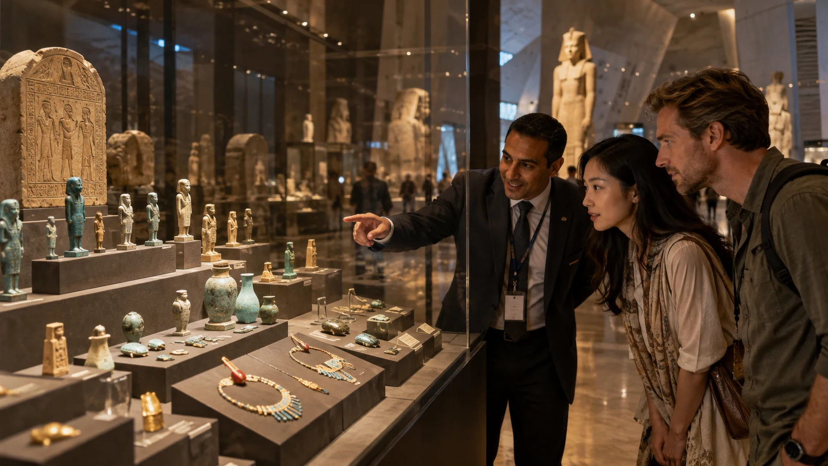 A guide and guests discovering ancient Egyptian jewellery and objects
