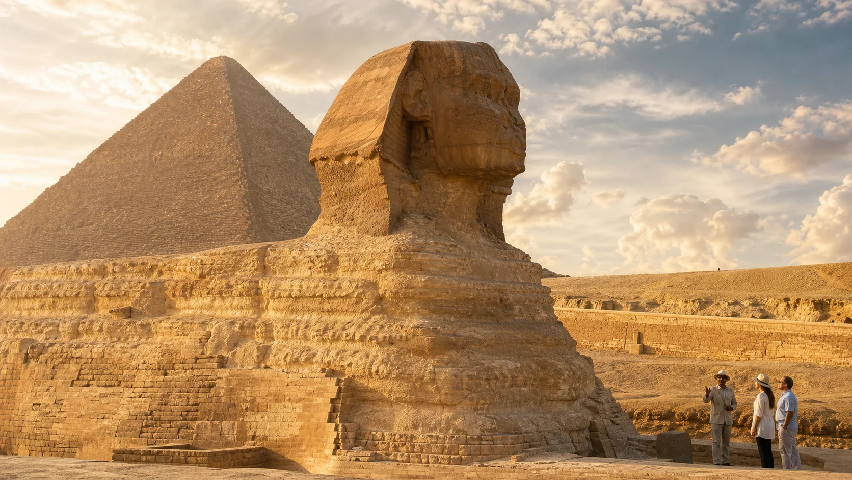 The Great Sphinx with a pyramid behind it
