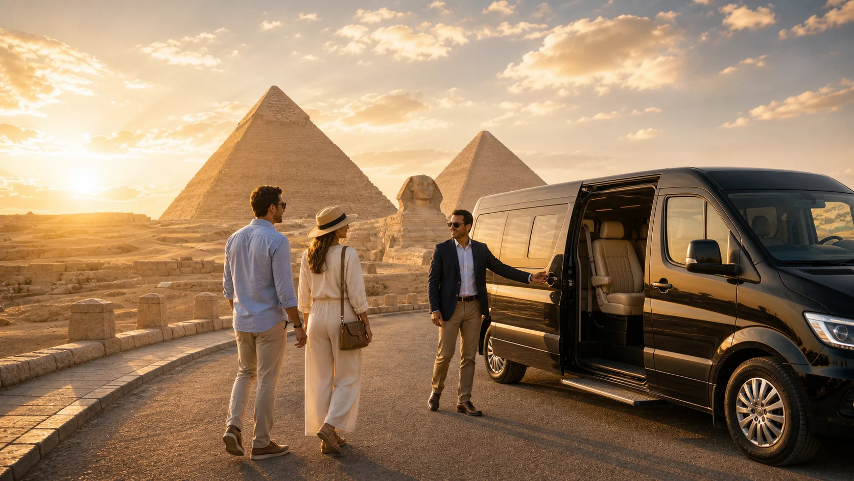 Guests returning to their vehicle in the golden light at Giza