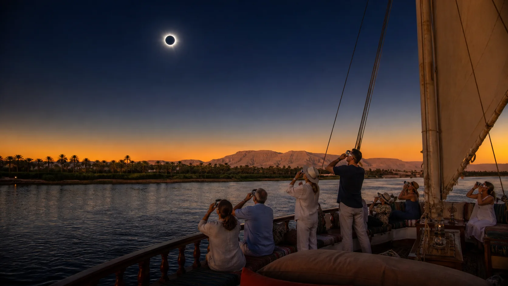 Artist’s visualisation of the 2027 eclipse viewed from a Nile boat in Luxor