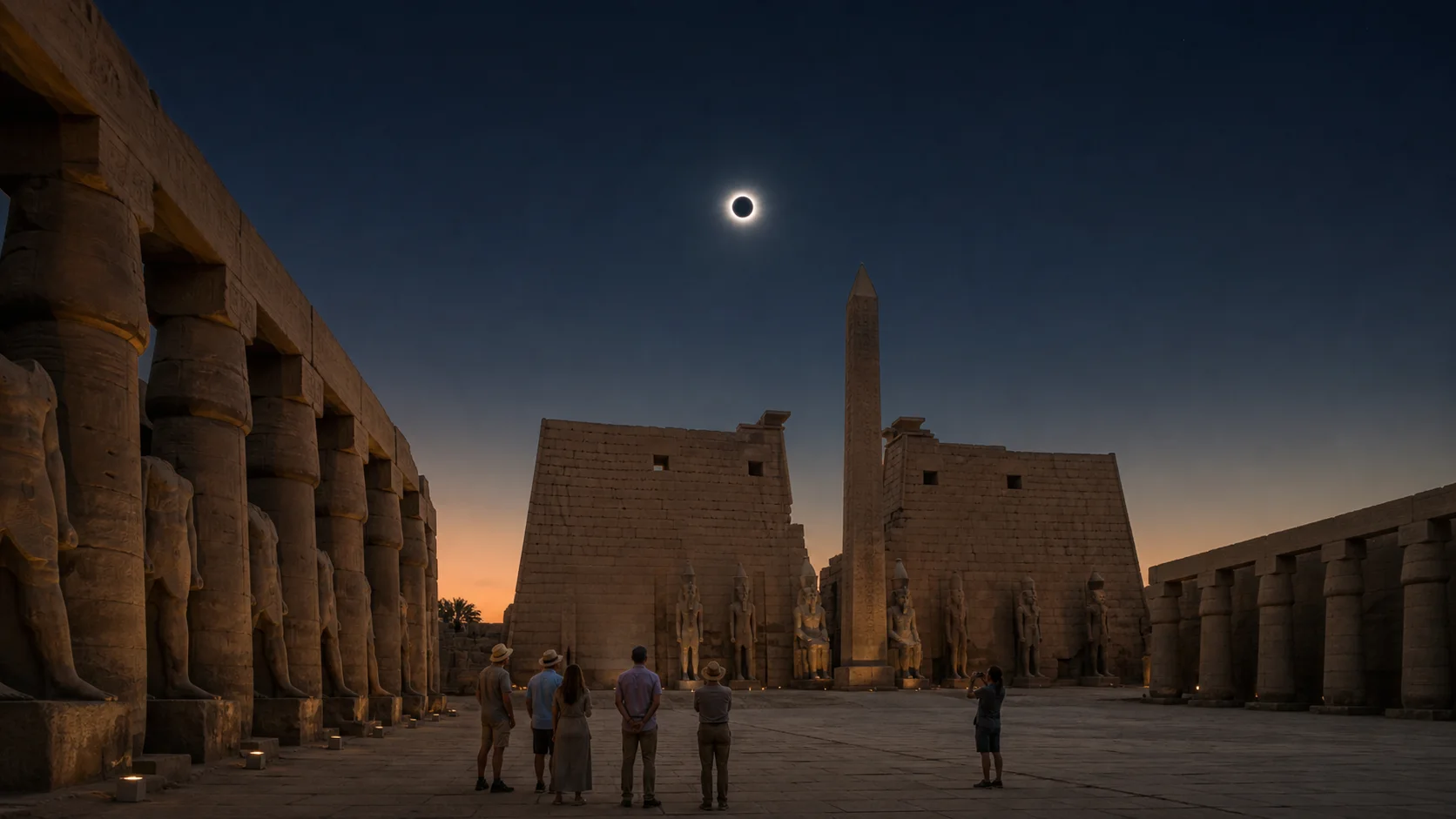 Artist’s visualisation of totality above Luxor Temple