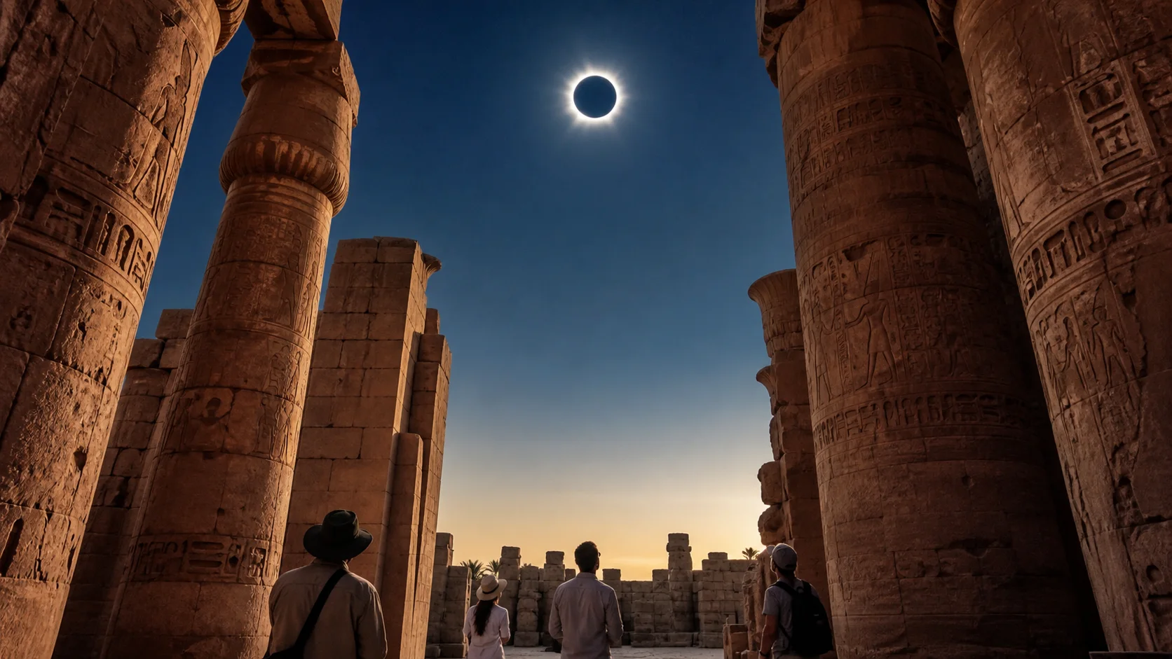 Artist’s visualisation of the eclipse framed by Karnak Temple columns