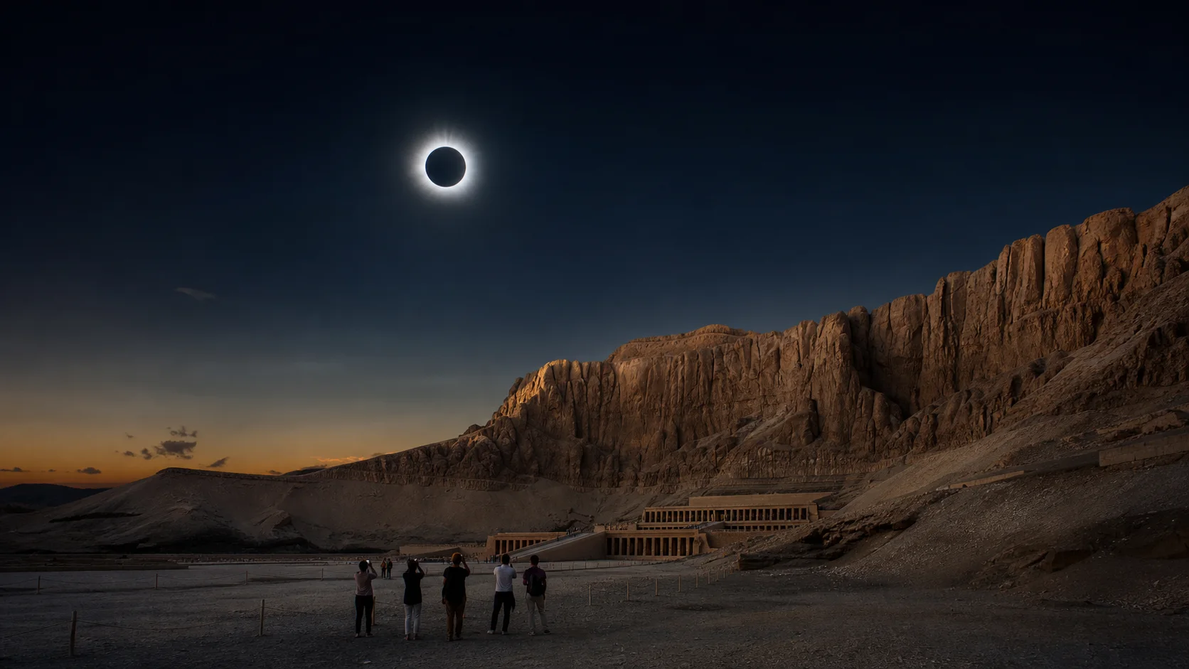 Artist’s visualisation of totality above Hatshepsut Temple